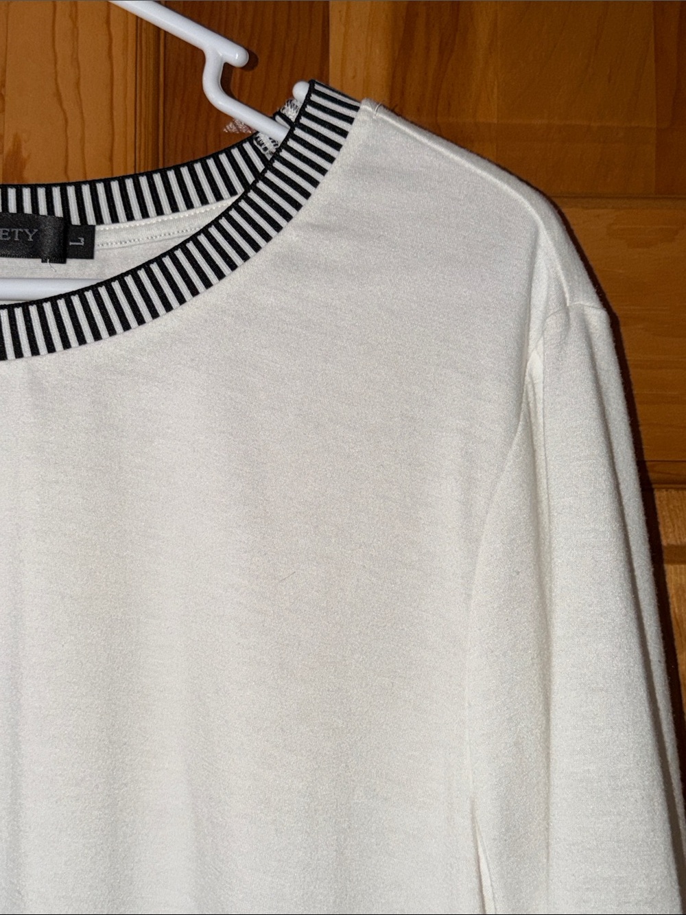 White 3/4 Length Tee with Black-Striped Ribbed Collar